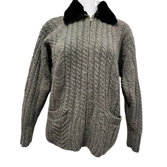 April Cornell Vtg Wool Cable Knit Zip Cardigan, Fur Collar, Green, L - Picture 1 of 13